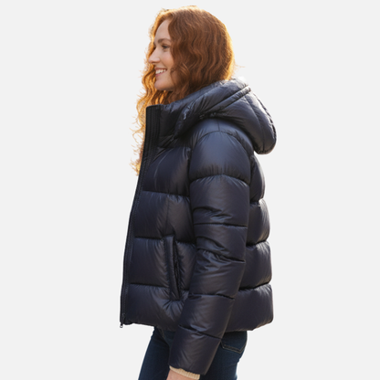Glossy Puffer Jacket with Hood for Women