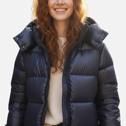 Glossy Puffer Jacket with Hood for Women