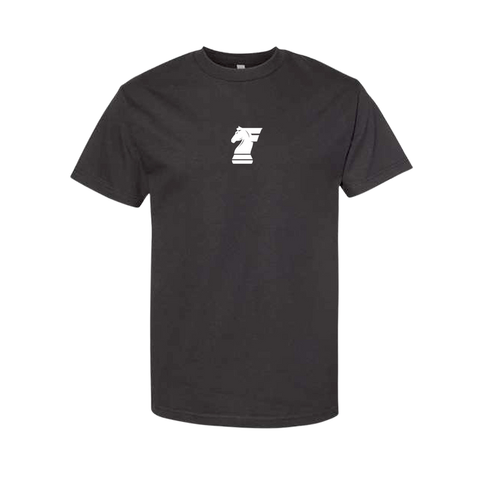 Black t-shirt with a white logo on a white background