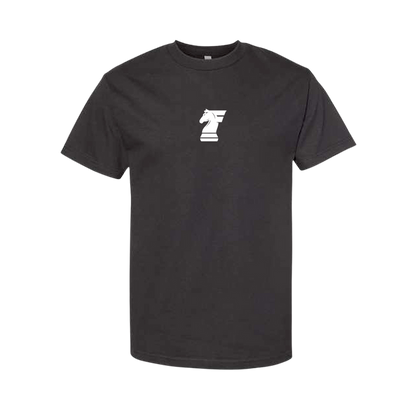 Black t-shirt with a white logo on a white background