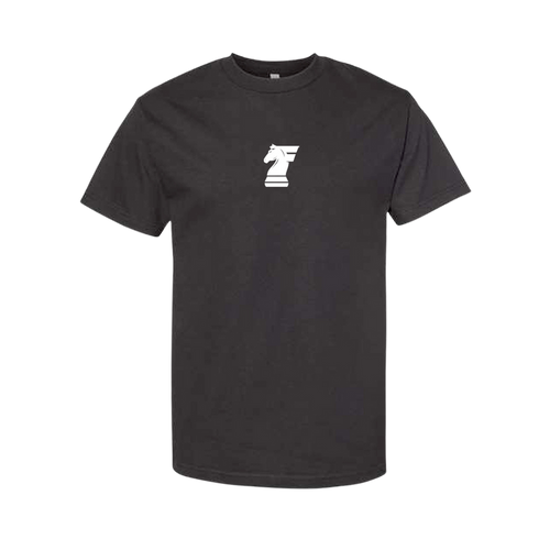 Black t-shirt with a white logo on a white background