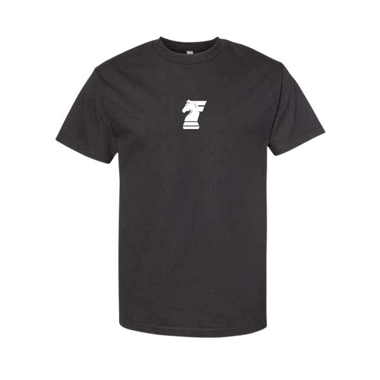 Black t-shirt with a white logo on a white background
