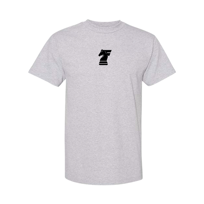 Gray t-shirt with a black logo on a white background