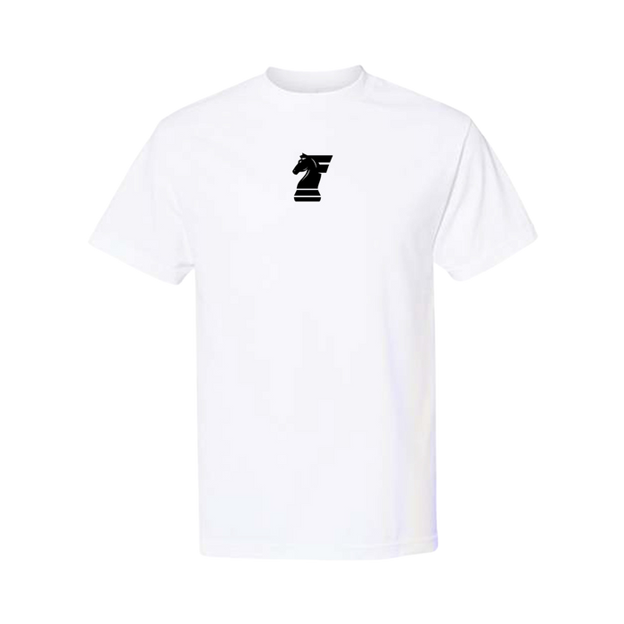White t-shirt with a black logo on a white background
