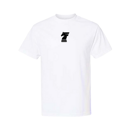 White t-shirt with a black logo on a white background
