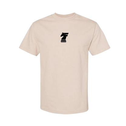 Beige t-shirt with a black logo on a white background