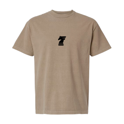 Beige t-shirt with a black logo on a white background