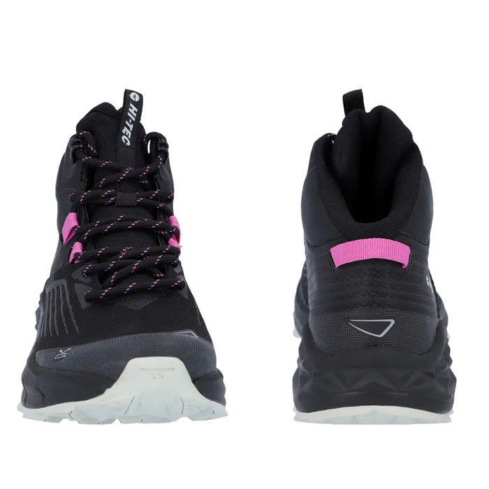Black athletic shoes with pink accents are displayed. They feature a textured surface and a sturdy sole. The shoes are placed side by side, highlighting their design and functionality.