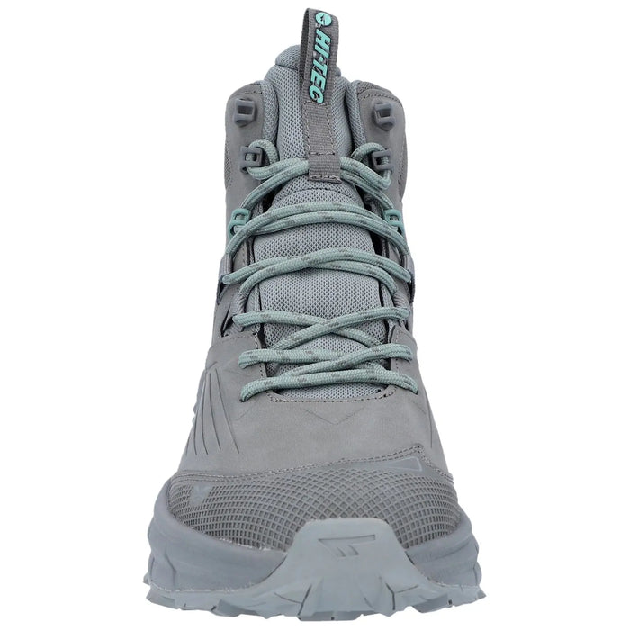 A gray high-top shoe with a textured surface and light blue laces is positioned upright showcasing its design and features appropriate for outdoor activities.