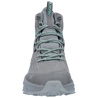 A gray high-top shoe with a textured surface and light blue laces is positioned upright showcasing its design and features appropriate for outdoor activities.