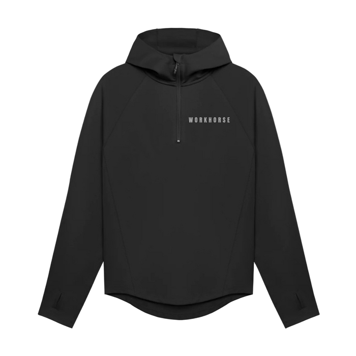 Black hoodie with 'WORKHOUSE' logo on a white background