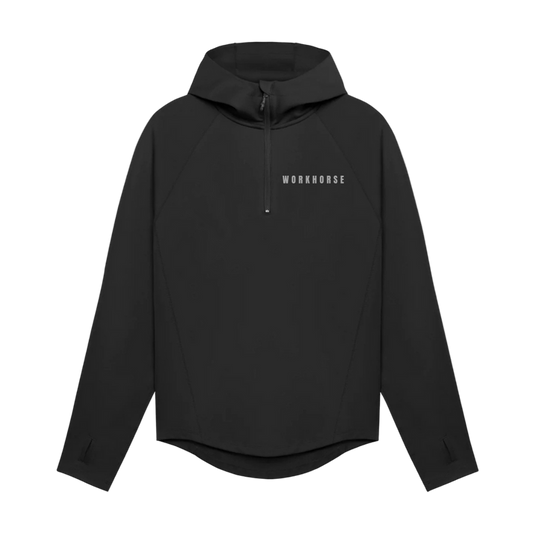 Black hoodie with 'WORKHOUSE' logo on a white background