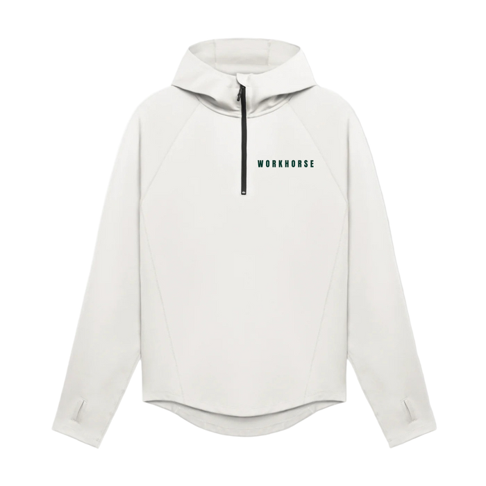 White hoodie with a brand logo on a white background