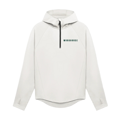 White hoodie with a brand logo on a white background