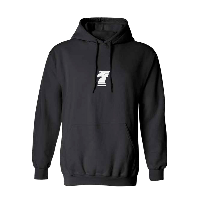 Black hoodie with a white logo on a white background