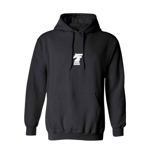 Black hoodie with a white logo on a white background