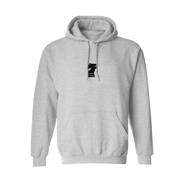 Gray hoodie with a black and white logo on a white background