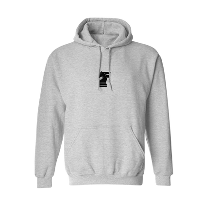 Gray hoodie with a black and white logo on a white background