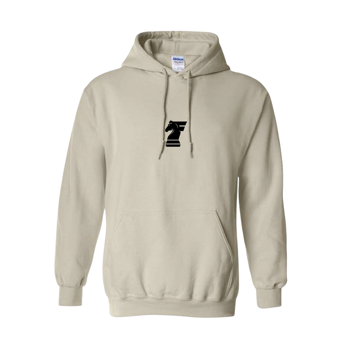 Beige hoodie with a black logo on a white background
