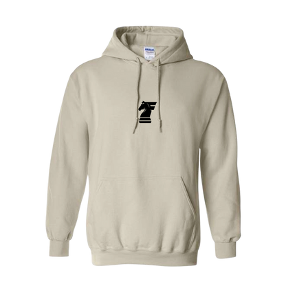 Beige hoodie with a black logo on a white background