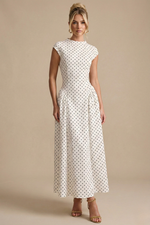 Women's Polka Dot Maxi Dress - High Neck Cap Sleeve - Full Skirt 0