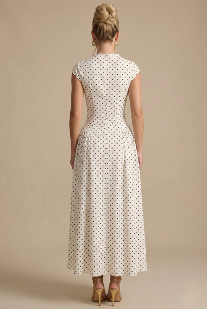 Women's Polka Dot Maxi Dress - High Neck Cap Sleeve - Full Skirt 1