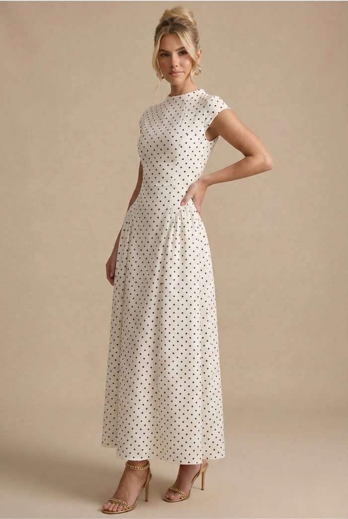 Women's Polka Dot Maxi Dress - High Neck Cap Sleeve - Full Skirt 3
