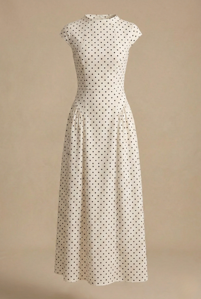 Women's Polka Dot Maxi Dress - High Neck Cap Sleeve - Full Skirt 4