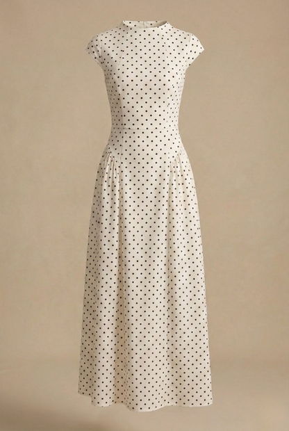 Women's Polka Dot Maxi Dress - High Neck Cap Sleeve - Full Skirt 4