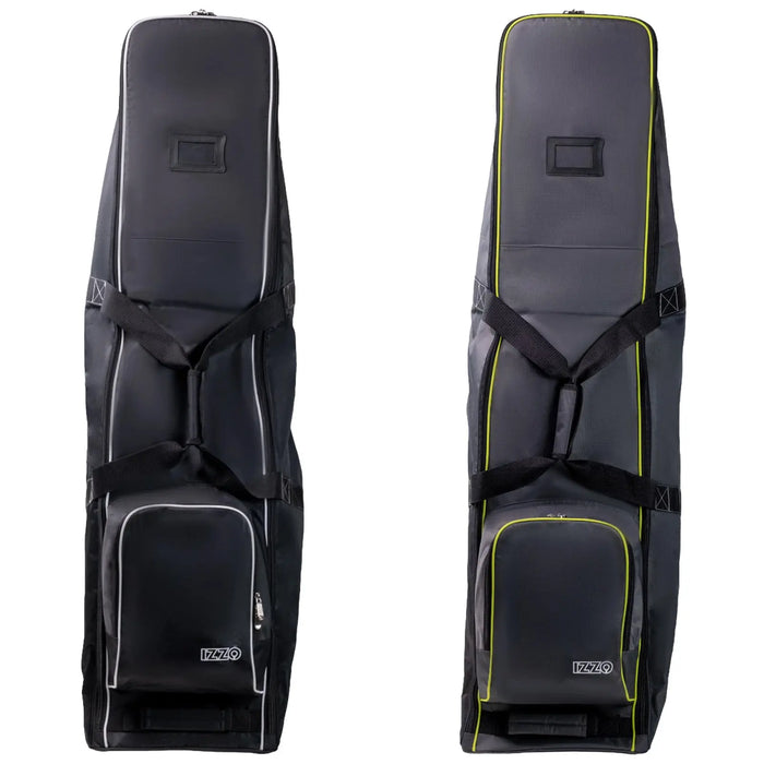 Two golf bags are displayed side by side featuring a sleek design with padded sections a main compartment and smaller pockets the left bag has white accents while the right bag has lime green detailing