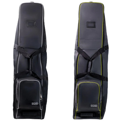 Two golf bags are displayed side by side featuring a sleek design with padded sections a main compartment and smaller pockets the left bag has white accents while the right bag has lime green detailing