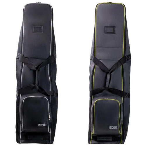 Two golf bags are displayed side by side featuring a sleek design with padded sections a main compartment and smaller pockets the left bag has white accents while the right bag has lime green detailing