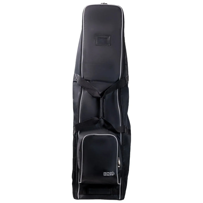 A black golf bag stands upright featuring padded straps and a front pocket for accessories with contrasting white seams in a neutral background.
