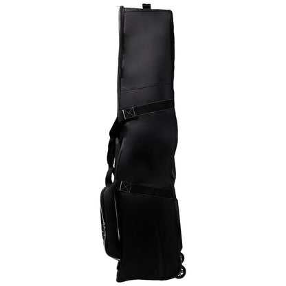A tall black travel bag stands upright featuring wheels for mobility and multiple compartments for storage providing a practical design for transporting equipment in various settings.