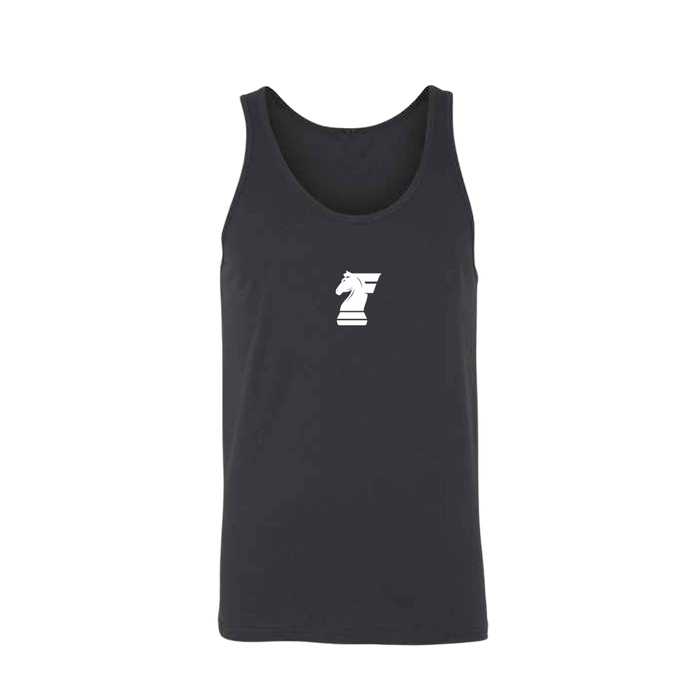 Black tank top with a white logo on a white background