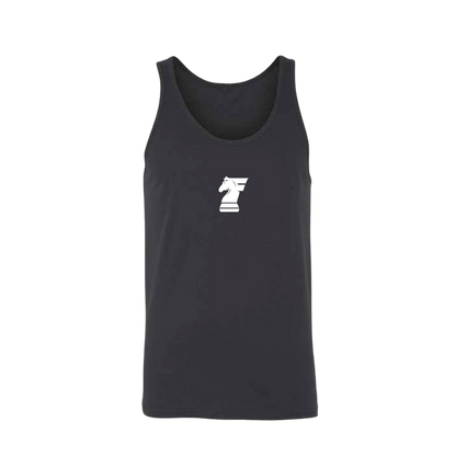 Black tank top with a white logo on a white background