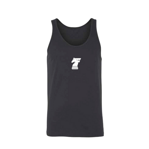 Black tank top with a white logo on a white background