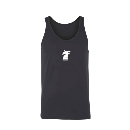 Black tank top with a white logo on a white background