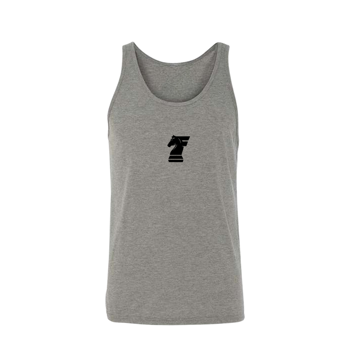 Gray tank top with a black logo on a white background