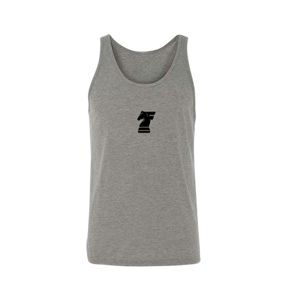 Gray tank top with a black logo on a white background