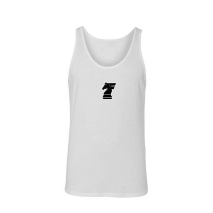 White tank top with a black logo on a white background