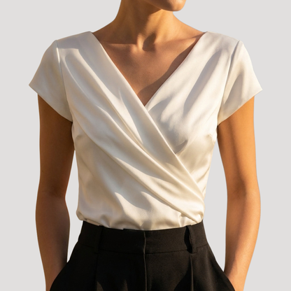 Women’s Short Sleeve Draped Wrap V-Neck Blouse Top 0