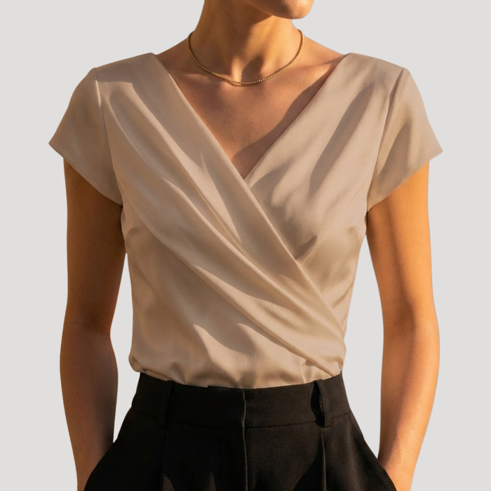 Women’s Short Sleeve Draped Wrap V-Neck Blouse Top 1