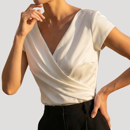 Women’s Short Sleeve Draped Wrap V-Neck Blouse Top 3