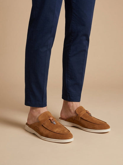 Men's Suede Mule Loafers - Open Back - Metal Bar Detail - Flat Rubber Sole 0