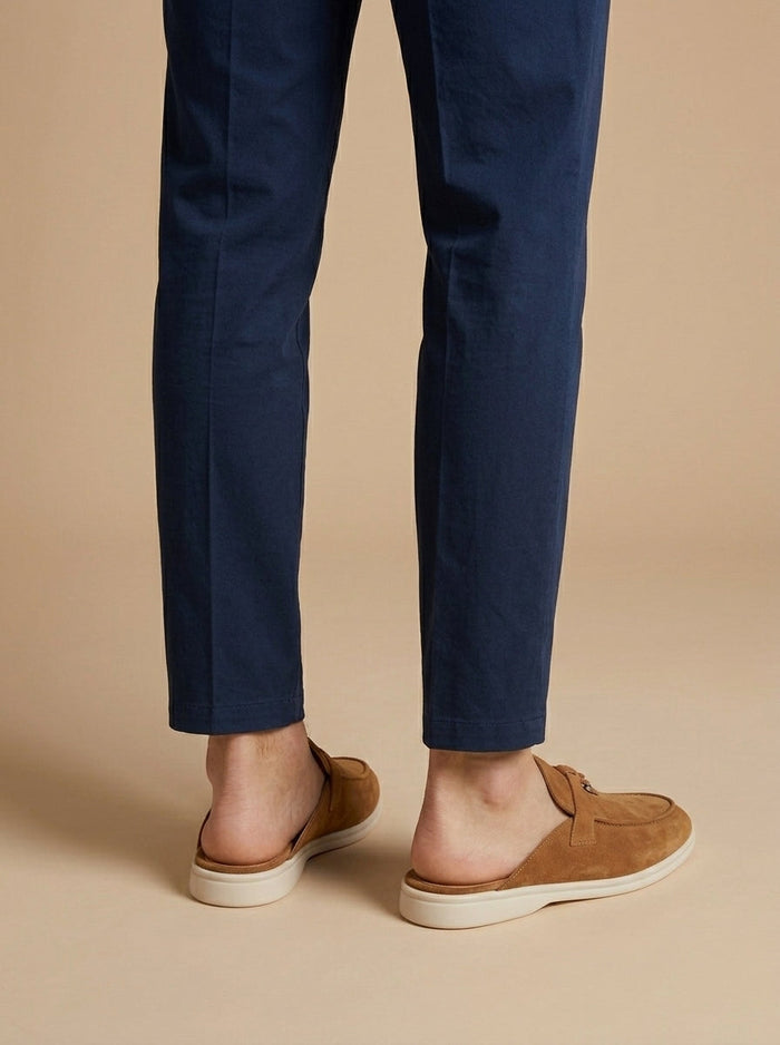 Men's Suede Mule Loafers - Open Back - Metal Bar Detail - Flat Rubber Sole 1