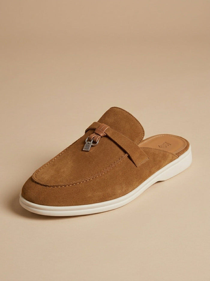 Men's Suede Mule Loafers - Open Back - Metal Bar Detail - Flat Rubber Sole 2
