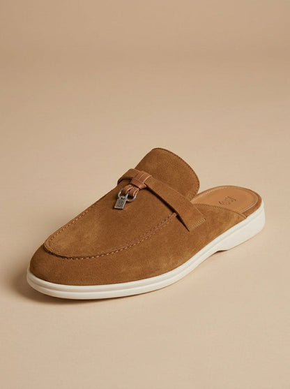 Men's Suede Mule Loafers - Open Back - Metal Bar Detail - Flat Rubber Sole 2