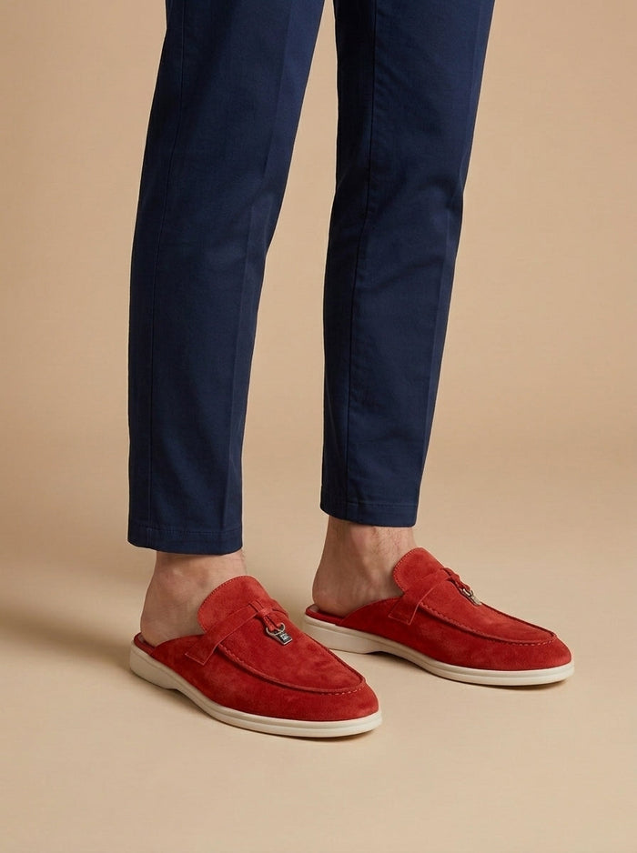 Men's Suede Mule Loafers - Open Back - Metal Bar Detail - Flat Rubber Sole 3