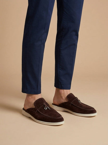 Men's Suede Mule Loafers - Open Back - Metal Bar Detail - Flat Rubber Sole 4